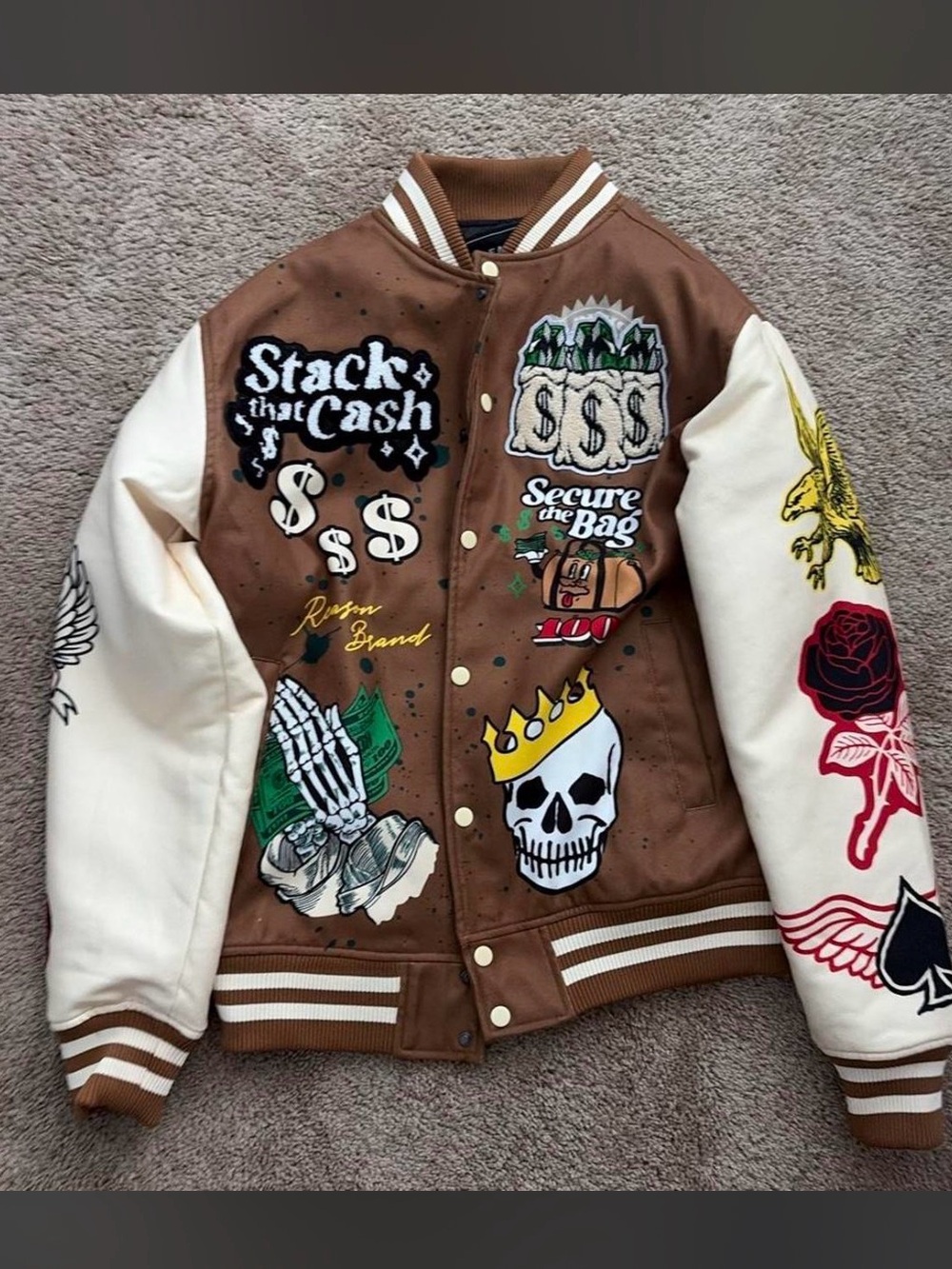 Brown and Cream Varsity Patch Jacket - Men's Casual